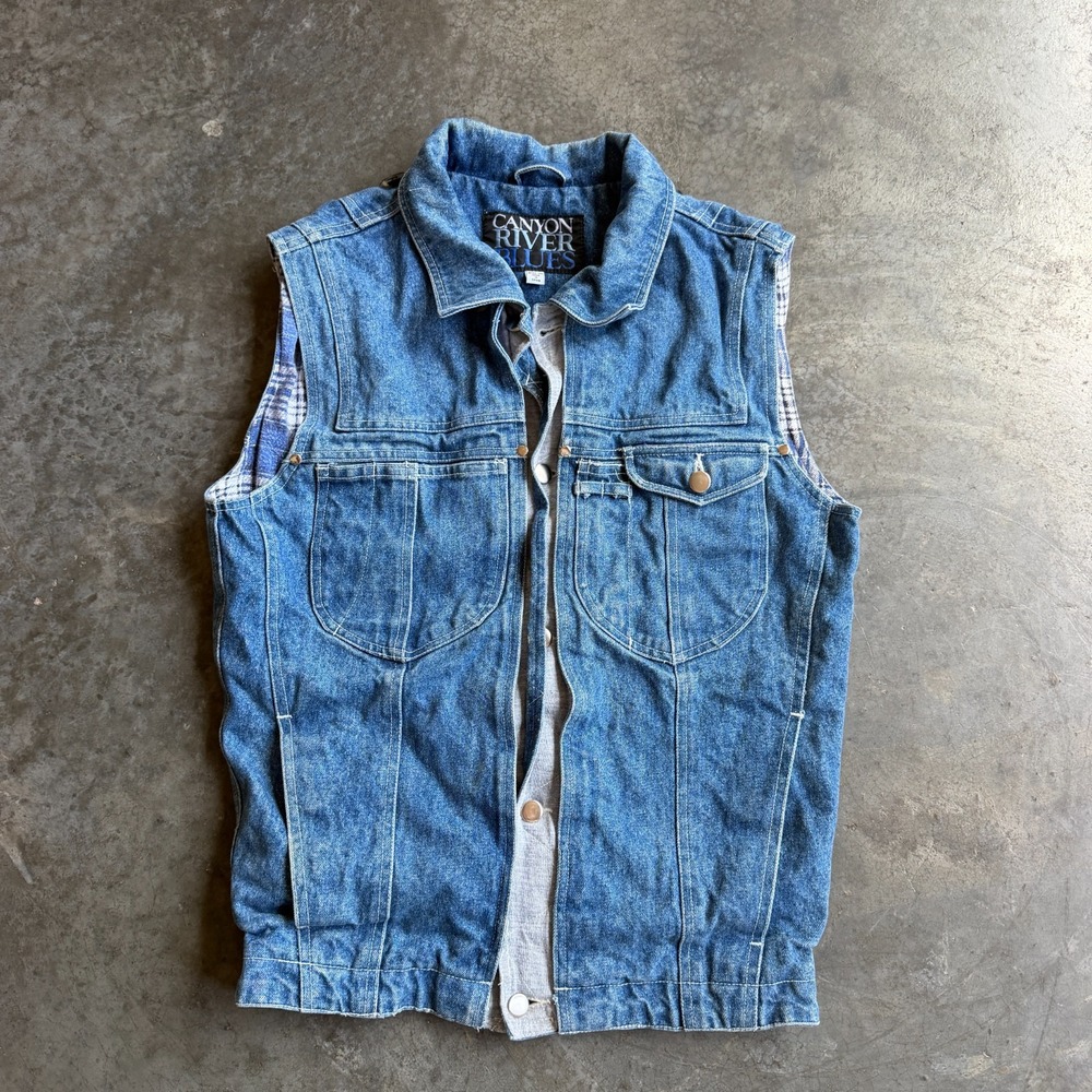 Canyon River Blues Denim Vest Button Front Plaid Lined Classic Western Style S